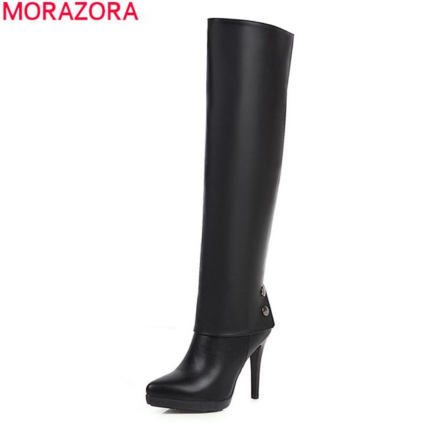 

morazora 2020 winter popular soft leather knee high boots stiletto high heels pointed toe dance shoes woman black