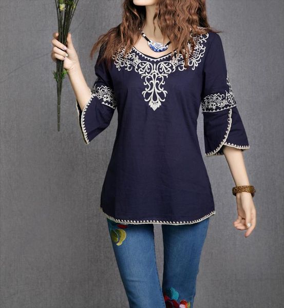 

2020 new fashion women girls totem pattern vintage ethnic blouse embroidery cotton casual shirts blusa etnica bordada, White