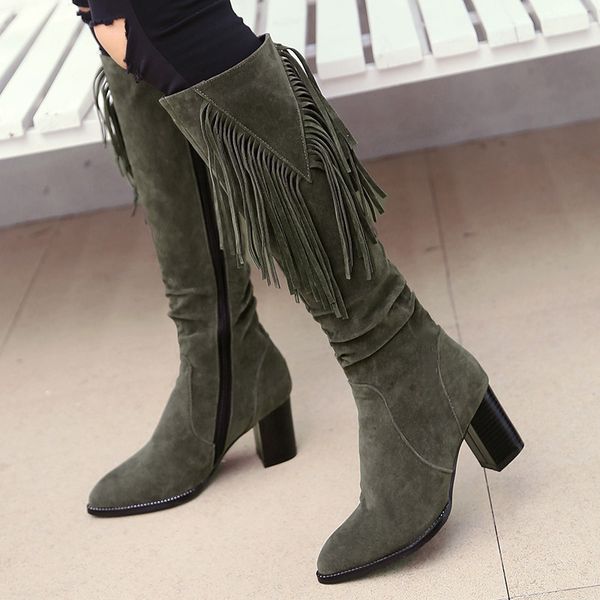 

ymechic 2020 winter green knee high fringe flock knight ridding boots female block high heels pointed toe plus size womens shoes, Black