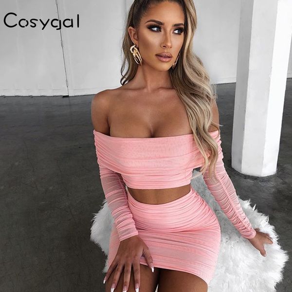 

2020 mesh material two piece and skirt set night party club 2 piece set women outfits pink bodycon two summer, Gray