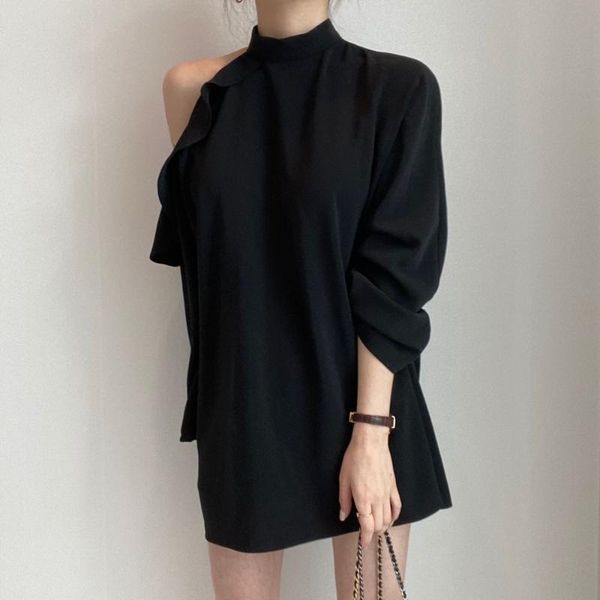 

vintage stand collar long sleeve blouse hollow out off shoulder black/white casual ruffle shirts autumn new fashion