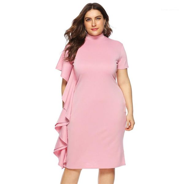 

casual solid color women dress plus size women designer dresses fashion pink color short sleeve ruffle dresses, Black;pink