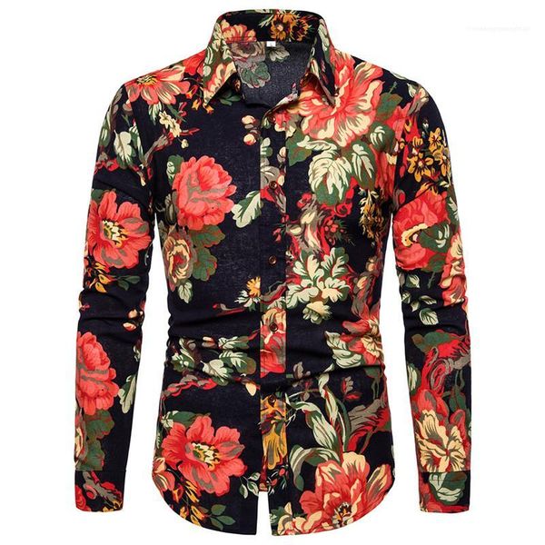 

single breasted mens shirts casual lapel neck males clothing floral print mens designer shirts fashion long sleeve, White;black