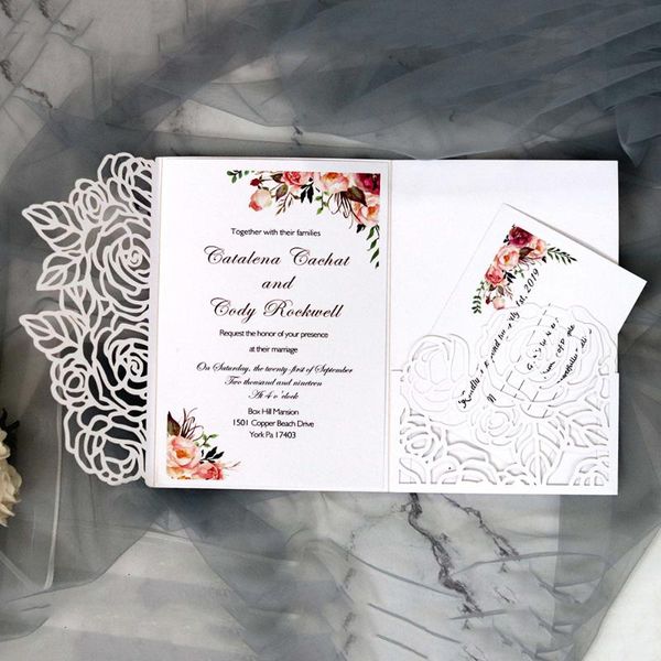 

10pcs tri-fold laser hollow plane rose dark blue /white / wine / beige gold pocket wedding business invitation card 7.09x4.92in