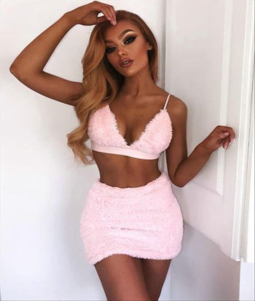 

plus size women 2pcs vest fuzzy bodycon crop mini skirt set backless suits party clubwear clothes sets s xl, Gray