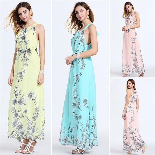 

long dresses casual female clothing summer womens designer chiffon dresses flora printed halter drawstring min female, Black;gray