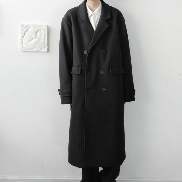

men's wool & blends men winter double breasted loose long casual trenchcoat outerwear male streetwear vintage trench jacket overcoat, Black