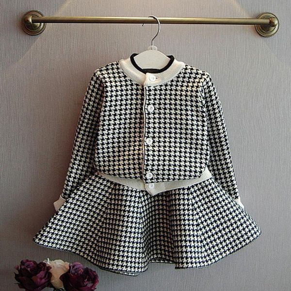 

2 colors toddler kids baby girls outfit clothes plaid knitted sweater coat +skirt set lady graceful girls august 11, White