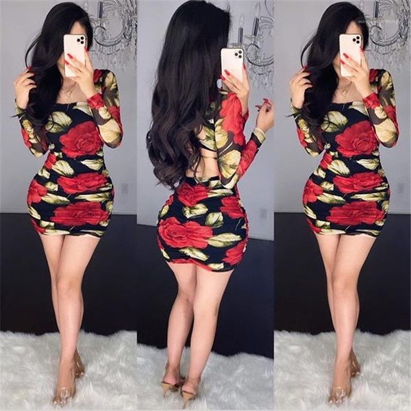 

dress fashion rose print long sleeve lace up ruched bodycon dress new women clothing backless women, Black;gray