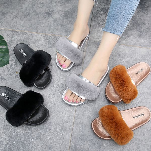 

2020 женские тапочки fur flats женщина обувь вьетнамки дамы моды марка леди женщины тапочки главная женские туфли для женщин новый, Black