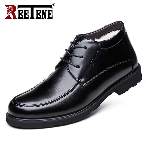 

reetene genuine leather men's warm boots lace-up men ankle boots comfort men warm plush work shoes male, Black