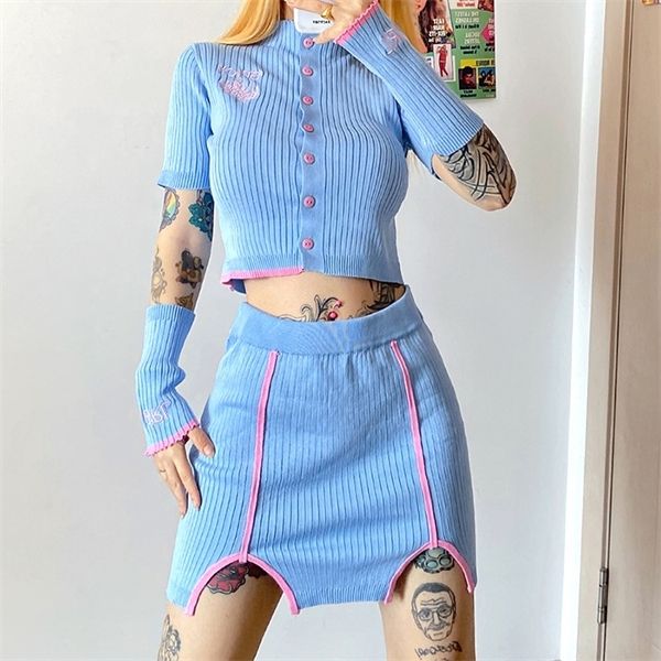 

2020 осень женщина синего вязание топ и mermaid юбка x0923, Gray