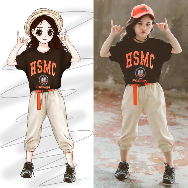 

summer kids clothes set 2020 cotton teenage letter print t-shirt + solid pants 2pcs costume for girls children summer suits, White