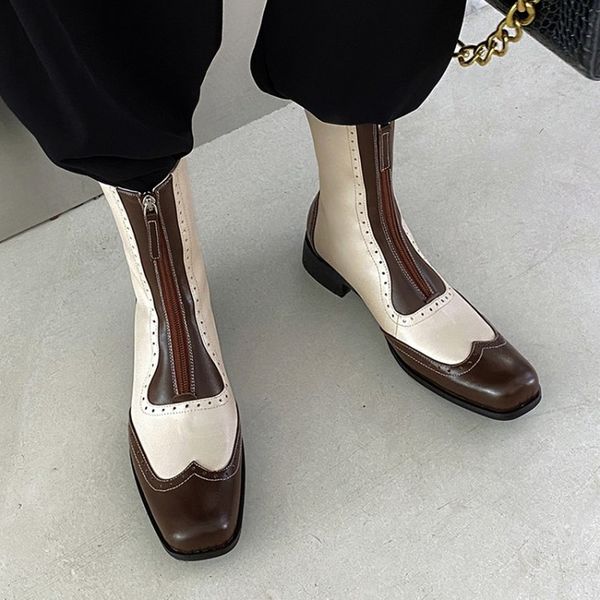 

boots mixed colors square toe block genuine leather zip low heel platform retro mid calf autumn winter women, Black