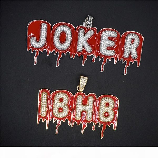 

iced out custom name bubble red oil drip letter necklace pendant micro paved cz men hip hop jewelry gift, Silver