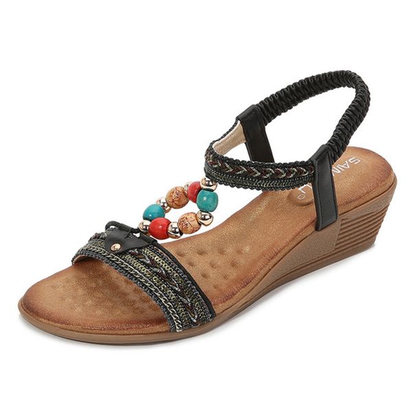 

sandals women size # 36-42 wedges roman girls peep-toe sewing beads in comfortable massage soft non-slip tpr sole, Black
