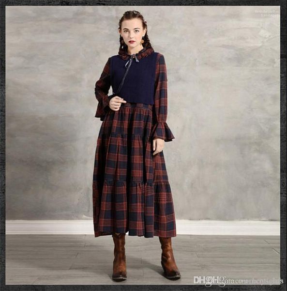 

vintage 2pcs dresses females clothing plaid print womens casual dresses fashion doll collar ruffle sleeve panelled womens, Black;gray