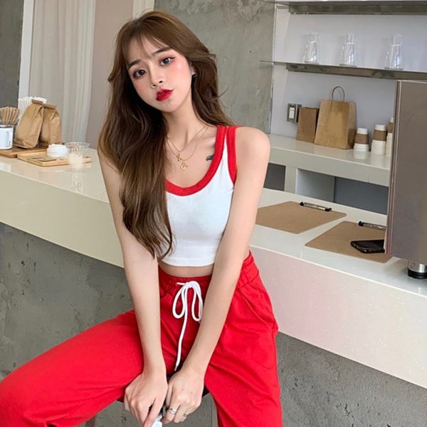 

women dresses fashion womens dress shop color matching short tight vest loose casual pants early autumn net red suit two-piece suit fashion, Black;white