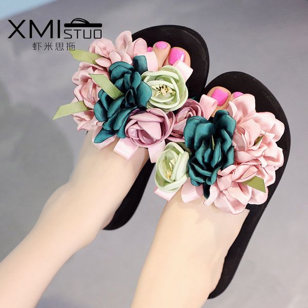 

3cm high heel women's slippers women's summer wear flat sandals flowers seaside vacation sandals ladies plus size flip-flops, Black