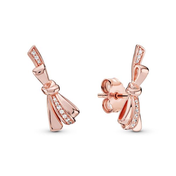 

925 sterling silver sparkling bow stud earrings women's luxury fashion jewelry designer 14k rose gold plated earrings with pandora gift, Golden;silver