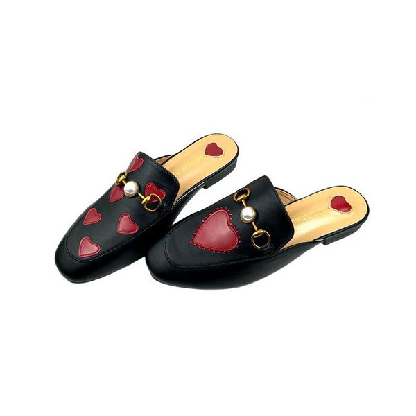 

new 2020 summer women shoes woman mules square low heels cover round toe slippers heart print ladies slides plus size 40, Black