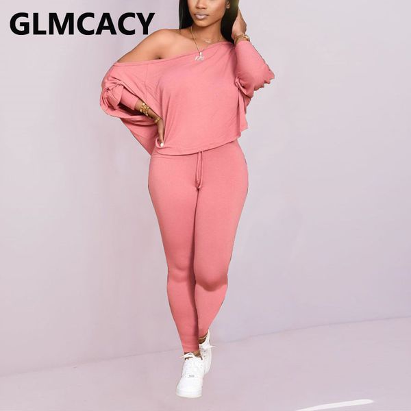 

plus size 2 piece set women long sleeve off shoulder t-shirt & bodycon pant, Gray