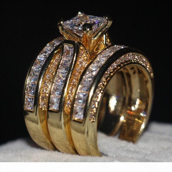 

handmade jewelry 3-in-1 engagement ring 5a zircon cz yellow gold 925 sterling silver wedding band ring set for women men, Slivery;golden