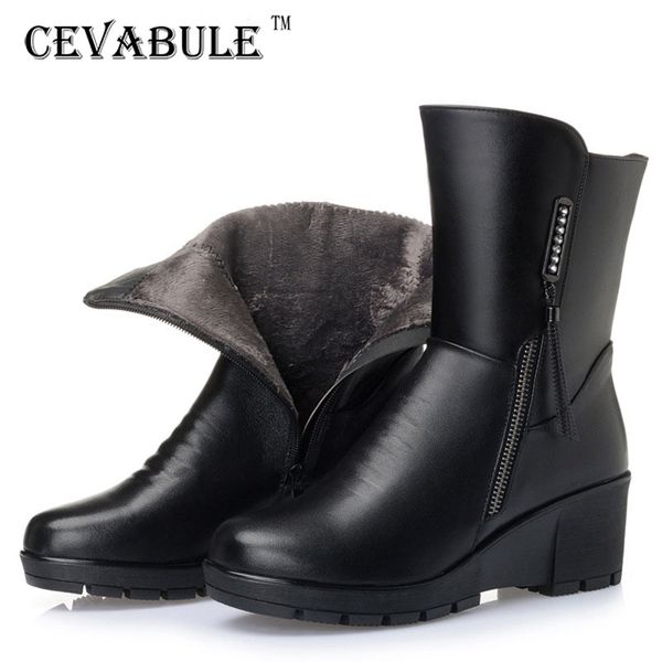 

boots cevablue winter children's plush wool women's slope heel middle tube high leather zlt-mcp-8071, Black