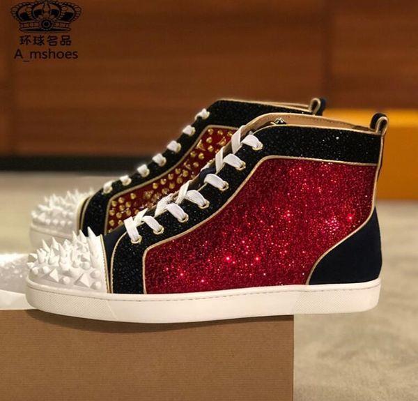 

новый темно-зеленый rhinestone мужчины шипованных кроссовки pik шипастые обувь red дно louflat mix 2019 flat high top шнуровка sneaker итали, Black