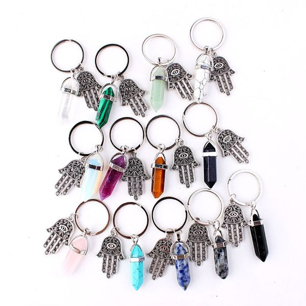 

trendy natural stone pendant keychain eye hand palm crystal pillar hexagonal key chain for women men jewelry car bag accessories, Silver