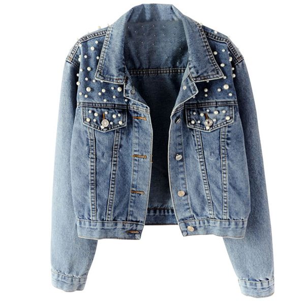 

plus size pearl beading short denim jackets 3xl 5xl women white wash long sleeve vintage casual jean jacket bomber denim coat, Black;brown