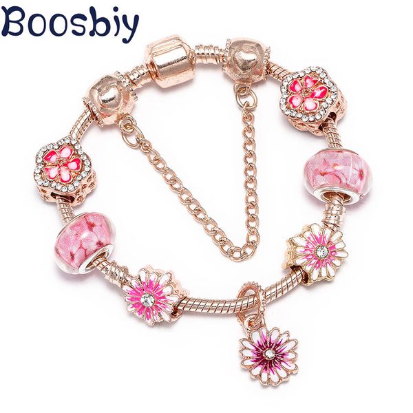 

boosbiy diy european style pink daisies charms pendants fits brand charm bracelet for women fashion jewelry gift, Golden;silver