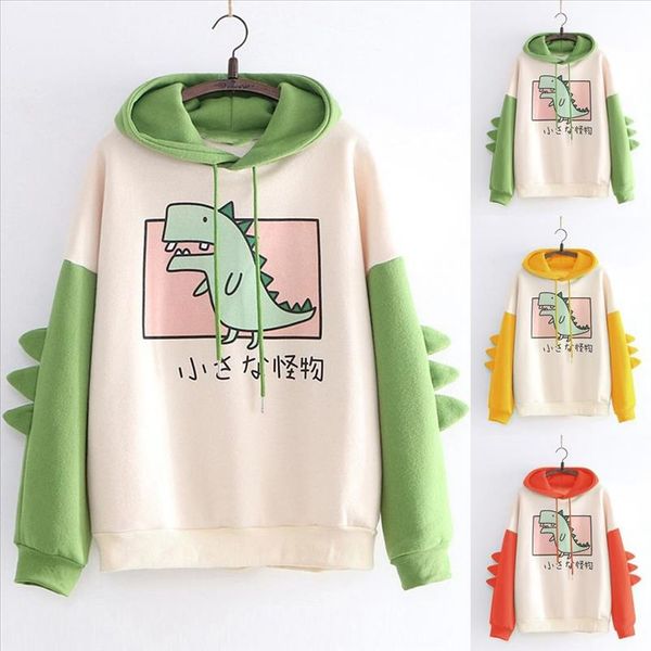

personality dinosaur hoodies women sweatshirt casual print long sleeve splice hooded pullover ropa mujer drop shipping, Black