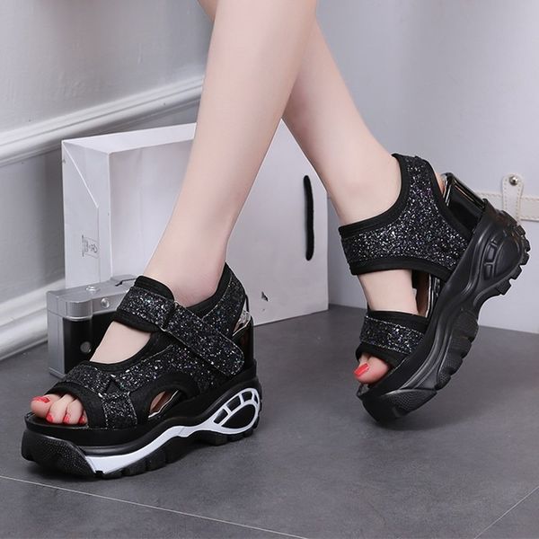 

2020 sandals women's wedge heel thick bottom waterproof platform summer ladies sandals all-match open-toed student women's shoes, Black
