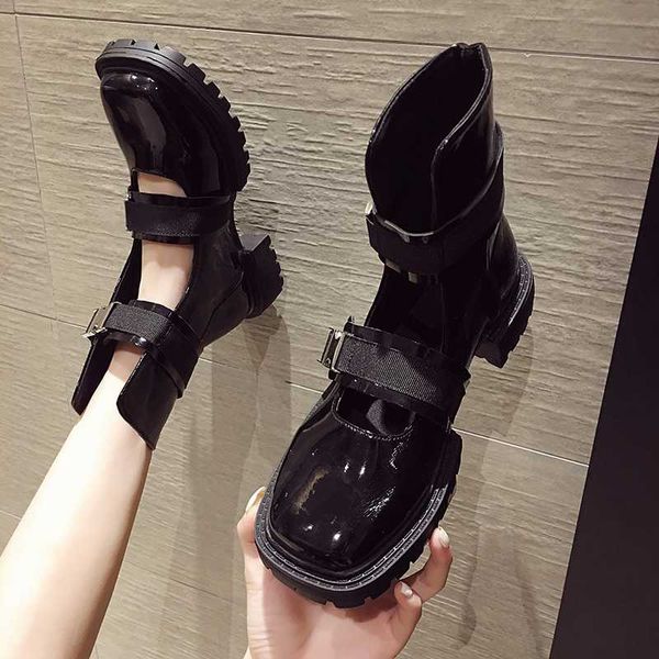 

women cut-out boots double buckle belt shoes platform square toe thicken soled bottes femme japanned leather winter botas mujer, Black