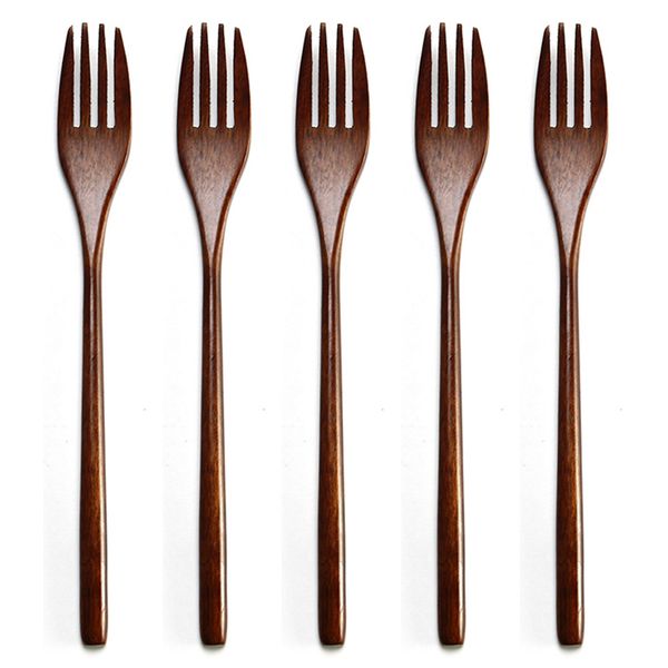 

5pcs japanese eco-friendly silver dinner wooden salad tableware flatware fork