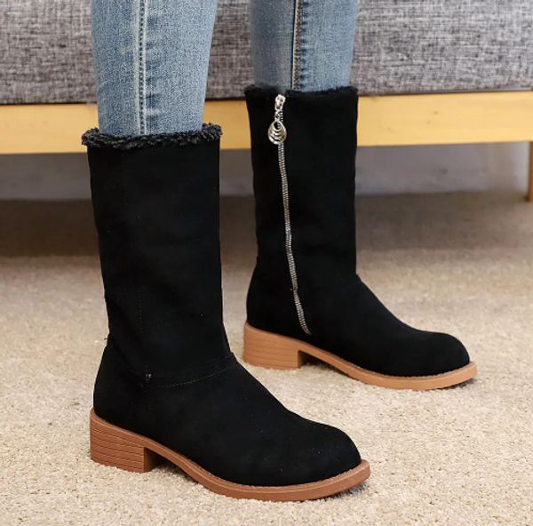 

2020 new women plus size solid foldable warm ankle boots square heel fur warm snow boots ladies wool fashion botas mujer, Black