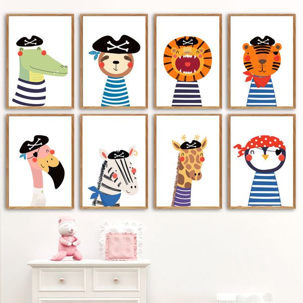 

cartoon pirate lion giraffe zebra tiger wall art canvas painting nordic posters and prints wall pictures baby kids room decor