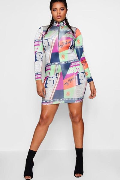 

zipper sexy тощих женщины платье с длинным рукавом печатных горячие платья-футляр для женщин вскользь stand collar дамы платья с, Black;gray