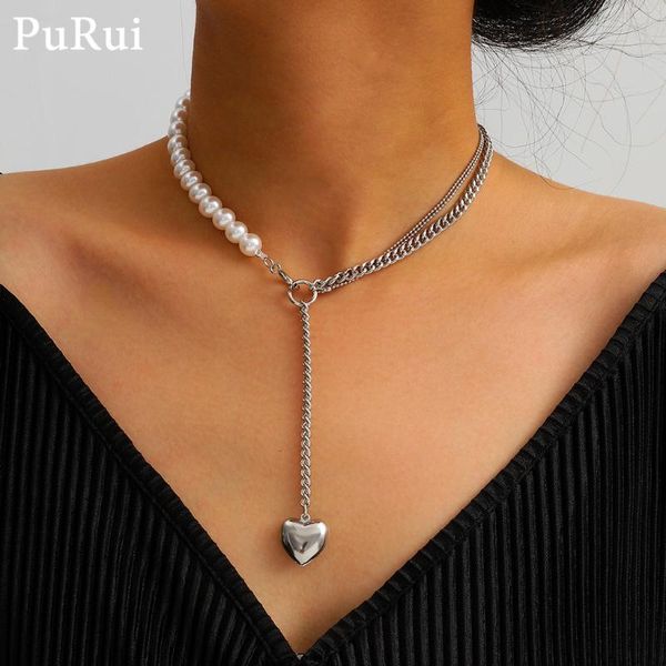 

purui gothic baroque pearl choker necklace for women long cuban chain tassel heart pedant necklace hiphop rock collar jewelry, Silver
