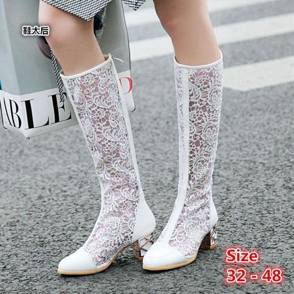 

summer hollow high heel boots woman shoes breathable mesh boots women knee high womens shoes small big size 32 - 48, Black