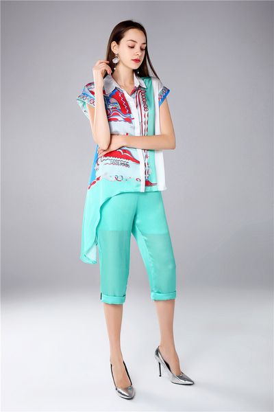 

women's two piece pants street fashion printing wear sets asymmetrical shirt and 3/4 long sleeve lady's two piece sets, White