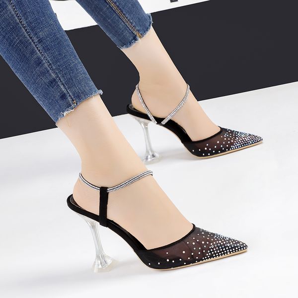 

2020 spring new shallow mouth high-heeled shoes womens slender heel pointed crystal pumps rhinestone banquet wedding shoes, Black