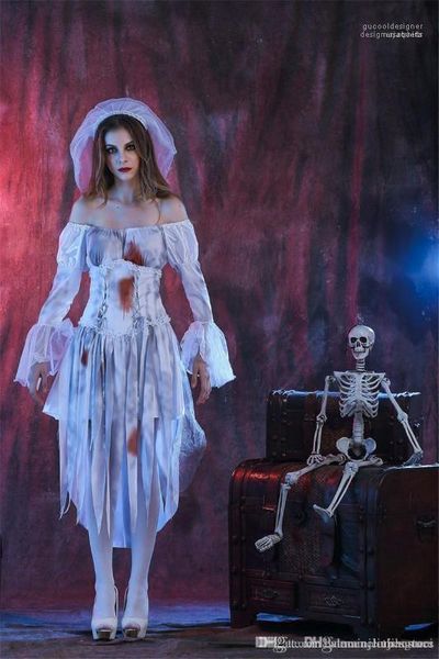 

ghost bride costume halloween party dress with ribbon digital printed long sleeved white uniforms cosplay, Black;red