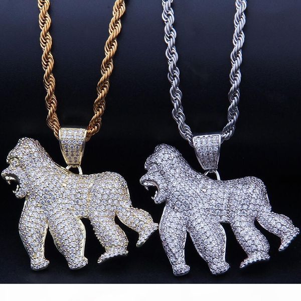 

хип-хоп ювелирных gorilla ожерелье золото серебро цвет bling кубический циркон men «s животных ожерелье для подарка, Silver