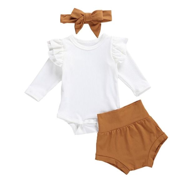 

new 3 pieces baby girls cothing infant girls ruffles sleeve baby romper+shorts+ headband outfits, White