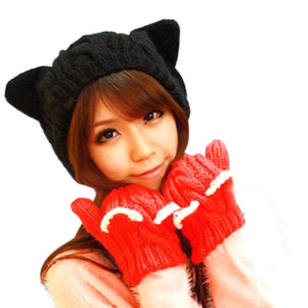 

fashion korean lady girls winter warm knitting wool cat ear beanie ski hat cap, Blue;gray