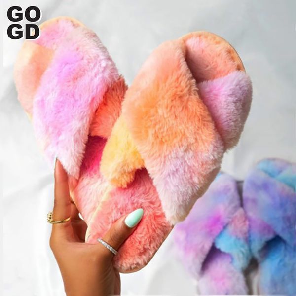 

gogd]women fur slippers home lady slides winter slippers warm comfortable plush indoor colourful shoes, Black