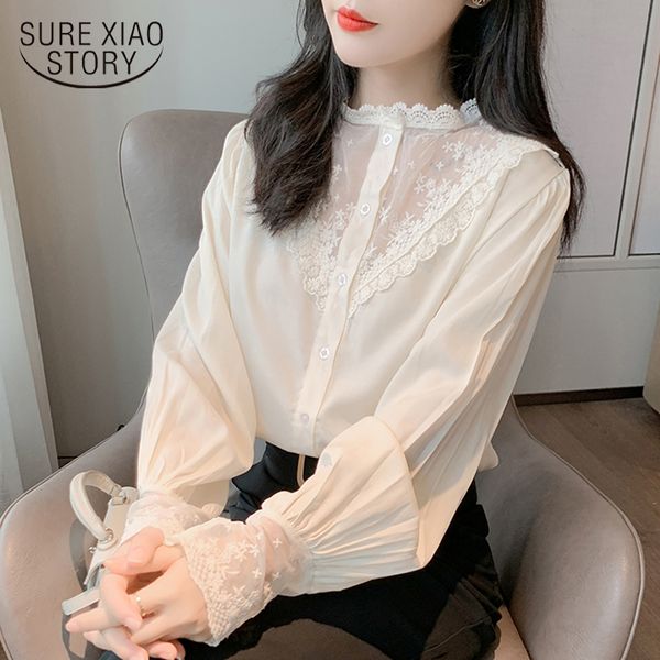 

chiffon blouse women chic woman shirts 2020 lace shirt loose korean solid autumn long sleeve apricot office cardigan 10900, White