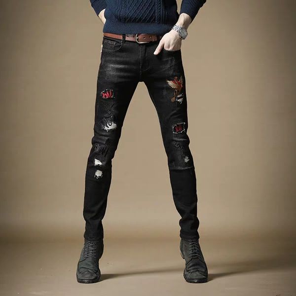 

new 2020 men's male jeans trousers spring autumn models hole embroidered brand high-end slim elastic casual pants, Blue